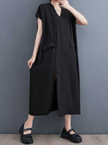 Momentlover Split-Joint Split-Front Solid Color Short Sleeves Loose V-Neck Midi Dresses