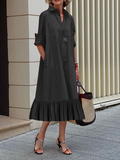 Momentlover A-Line Long Sleeves Pleated Solid Color Lapel Collar Midi Dresses