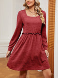 Momentlover Solid Color Pleated Loose Long Sleeves Square-Neck Mini Dresses