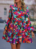 Momentlover Split-Joint Printed Pleated Floral Printed Puff Sleeves Loose Lapel Mini Dresses