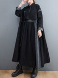 Momentlover Original Loose Denim Split-Joint Tied Lapel Collar Long Sleeves Midi Dress