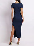 Momentlover Split-side Solid Color Skinny Short Sleeves Round-neck Midi Dresses