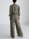 Momentlover Urban Linen Drawstring Elastic Waisted Wide Leg Long Sleeves Jumpsuits