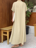 Momentlover Vintage Solid Color Short Sleeve Loose Casual Midi Dress