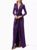 Momentlover Solid Color Bodycon Long Sleeves Pleated  Split-Front Tied Waist Deep V-Neck Maxi Dresses