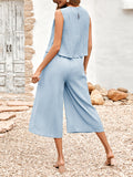 Momentlover Solid Color Wide Leg Sleeveless Round-neck Jumpsuits