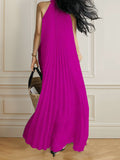 Momentlover A-Line Sleeveless Pleated Solid Color Halter-Neck Maxi Dresses