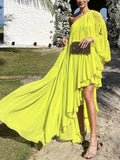 Momentlover Irregularity Loose Pleated Solid Color One-Shoulder Maxi Dresses