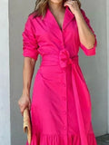 Momentlover A-Line Half Sleeves Buttoned Solid Color Tied Waist Polo Maxi Dresses