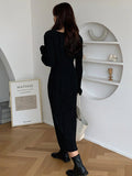 Momentlover Simple Long Sleeves Black Split-Joint Elasticity Waist Pleated Midi Dress