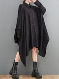 Momentlover Solid Color Pockets Buttoned Asymmetric Loose Long Sleeves Lapel Shirt Dress Midi Dresses