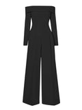 Momentlover Tied Split-Joint Solid Color Pleated Wide Leg Long Sleeves Off-The-Shoulder Jumpsuits