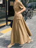 Momentlover Simple Casual Solid Color Pleated Midi Dress