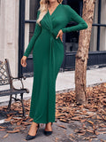 Momentlover Solid Color Bowknot Long Sleeves Bodycon V-neck Maxi Dresses