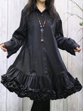 Momentlover Solid Color Ruffled Pleated Buttoned Loose Long Sleeves Lapel Shirt Dress Midi Dresses