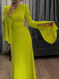 Momentlover Ruffle Sleeves Skinny Belted Solid Color Round-Neck Maxi Dresses