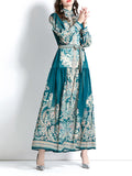 Momentlover Tied Waist See-Through Printed Puff Sleeves A-line Stand Collar Maxi Dresses