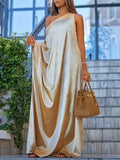 Momentlover Casual Loose Asymmetric Solid Color One-Shoulder Maxi Dresses