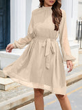 Momentlover Split-Joint Solid Color Belted Loose Round-neck Mini Dresses