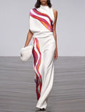 Momentlover Striped Printed Asymmetric Sleeveless Loose One-shoulder Two Pieces Set Suits