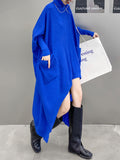 Momentlover Batwing Sleeves High-Low Pockets Solid Color High-Neck Midi Dresses Sweater Dresses