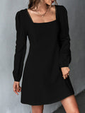 Momentlover Split-Joint Solid Color Puff Sleeves Long Sleeves Square-Neck Mini Dresses