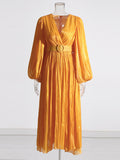 Momentlover Solid Color Pleated Belted Puff Sleeves Loose V-Neck Maxi Dresses