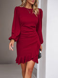 Momentlover Solid Color Falbala Puff Sleeves Long Sleeves Mini Dresses