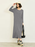 Momentlover Simple Long Sleeves Loose Solid Color Round-Neck Midi Dresses