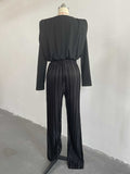 Momentlover Solid Color Long Sleeves Elasticity Pleated Round-Neck Shirts Top + High Waisted Pants Bottom Two Pieces Set