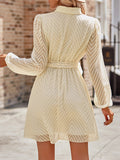 Momentlover Tied Waist Solid Color See-Through Long Sleeves A-Line V-Neck Mini Dresses