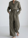 Momentlover Urban Linen Drawstring Elastic Waisted Wide Leg Long Sleeves Jumpsuits