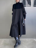 Momentlover A-Line Long Sleeves Asymmetric Solid Color Split-Joint High-Neck Midi Dresses Sweater Dresses