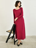 Momentlover Simple Long Sleeves Loose Solid Color Round-Neck Midi Dresses