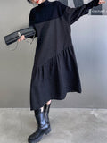 Momentlover A-Line Long Sleeves Asymmetric Solid Color Split-Joint High-Neck Midi Dresses Sweater Dresses