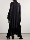 Momentlover Batwing Sleeves Loose See-Through Solid Color Tasseled Mock Neck Maxi Dresses