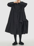 Momentlover Solid Color Pleated Buttoned Asymmetric Loose Long Sleeves Lapel Midi Dresses