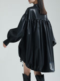 Momentlover Solid Color Pleated Drawstring Puff Sleeves Loose Stand Collar Mini Dresses