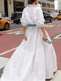 Momentlover Long Sleeves Loose Belted Pleated Solid Color Lapel Maxi Dresses