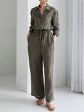 Momentlover Urban Linen Drawstring Elastic Waisted Wide Leg Long Sleeves Jumpsuits