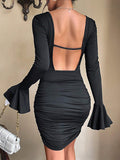 Momentlover Tied Solid Color Pleated Backless Long Sleeves High Waisted Square-Neck Mini Dresses