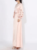 Momentlover Solid Color Hollow Puff Sleeves Loose Round-Neck Maxi Dresses