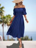 Momentlover Split-Joint Solid Color Pleated Elasticity Bishop Sleeve A-Line Square-Neck Midi Dresses