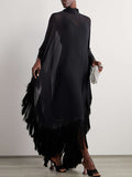 Momentlover Batwing Sleeves Loose See-Through Solid Color Tasseled Mock Neck Maxi Dresses