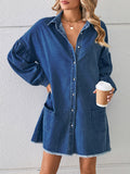 Momentlover Split-Joint Pockets Pleated Fringed Buttoned Loose Long Sleeves Lapel Mini Dresses