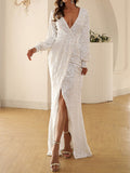 Momentlover Sequined Solid Color Split-Front Tied Waist Bodycon Long Sleeves V-Neck Maxi Dresses