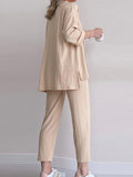 Momentlover Solid Color Split-Side Lapel High-Low Buttoned Blouses Top+ High Waisted Elasticity Pants Two Pieces Set