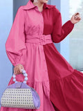 Momentlover Loose Puff Sleeves Contrast Color Pleated Split-Joint Tied Waist Lapel Midi Dresses