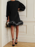 Momentlover Loose Puff Sleeves Feathers Split-Joint Round-neck Mini Dresses Short Dresses