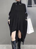 Momentlover Batwing Sleeves High-Low Pockets Solid Color High-Neck Midi Dresses Sweater Dresses